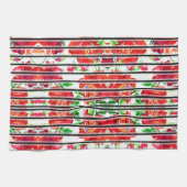 Vibrant red flowers and green leaves on curtains キッチンタオル (横)