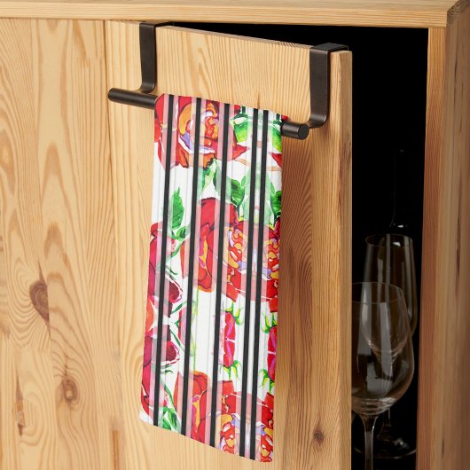 Vibrant red flowers and green leaves on curtains キッチンタオル