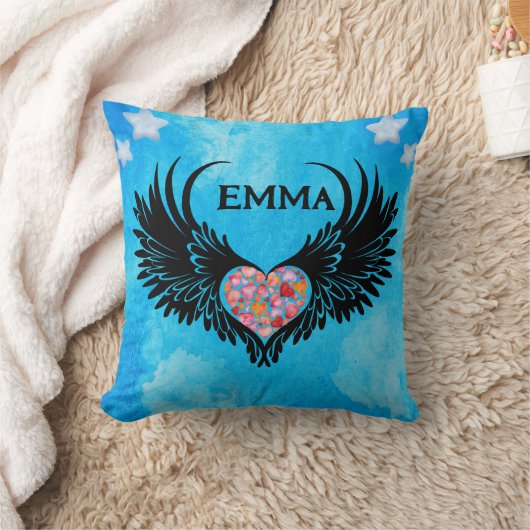 vibrant Red heart angel black wings クッション (ブランケット)