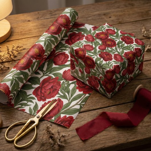Vibrant Red Peony Collection Customizable Party ラッピングペーパー