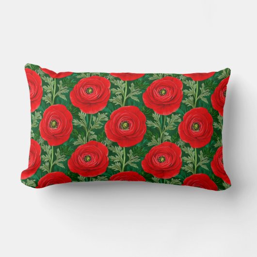 Vibrant Red Ranunculus Floral Pattern ランバークッション (正面)