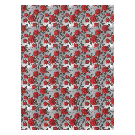 Vibrant Red Roses On A Metallic Silver Background  テーブルクロス (正面)