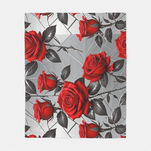 Vibrant Red Roses On A Metallic Silver Background フリースブランケット (正面)