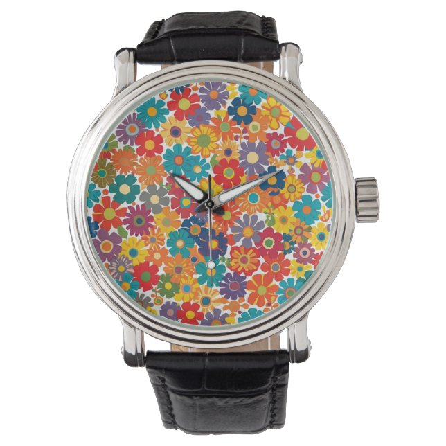 Vibrant Retro 60s Daisy Flower Power Pattern 腕時計 (正面)