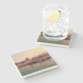 Vibrant retro coral sunset Bodrum harbor shore ストーンコースター (横)