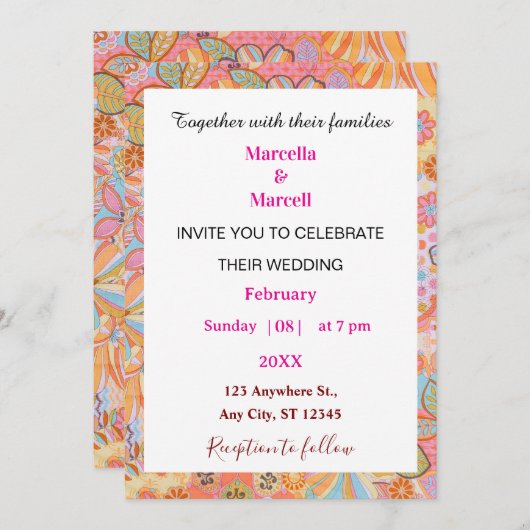 Vibrant Retro Floral Pattern Illustration 招待状 (正面/裏面)