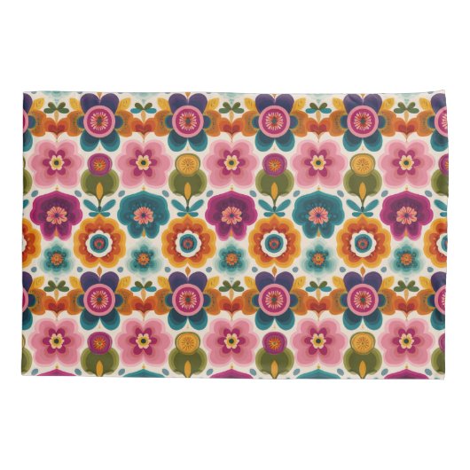 Vibrant RETRO Folk Art Flowers BOHO Floral Pattern 枕カバー (裏面)