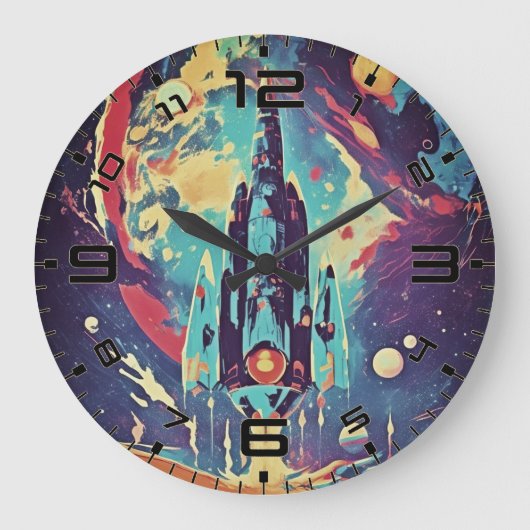 Vibrant Retro Starship Wall Clock ラージ壁時計 (正面)