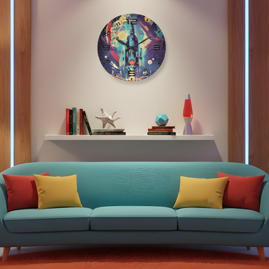 Vibrant Retro Starship Wall Clock ラージ壁時計