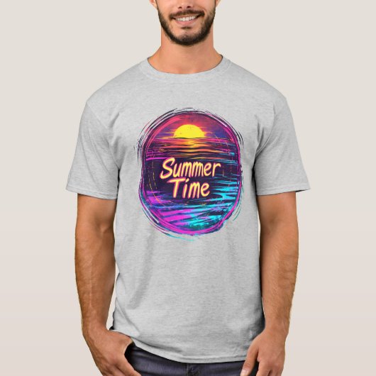 Vibrant Retro “Summer Time” Sunset T-Shirt Tシャツ (正面)