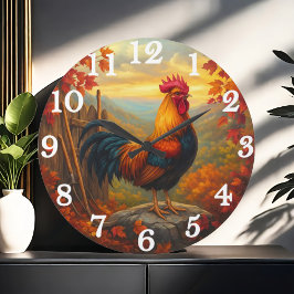 Vibrant rooster in autumn farm scene ラージ壁時計