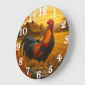 Vibrant rooster in golden pasture ラージ壁時計 (傾斜)
