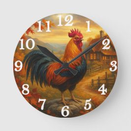 Vibrant rooster in rustic farmyard ラウンド壁時計