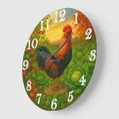 Vibrant rooster in vegetable garden ラージ壁時計 (傾斜)