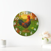 Vibrant rooster in vegetable garden ラージ壁時計 (ホーム)