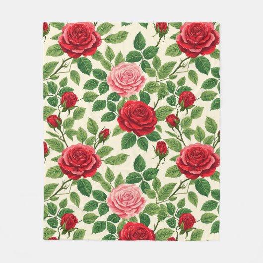 Vibrant Rose Pattern With Red And Pink Roses フリースブランケット (正面)