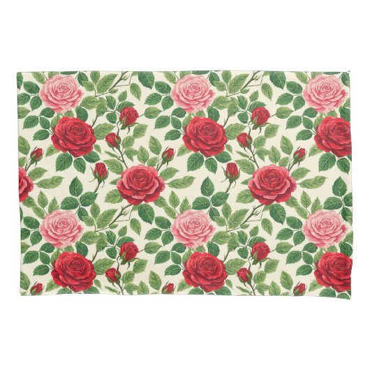 Vibrant Rose Pattern With Red And Pink Roses 枕カバー (正面)