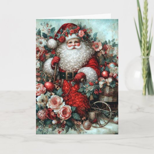 Vibrant Rustic Floral Vintage Santa シーズンカード (正面)