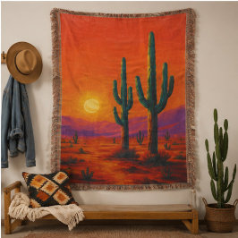 Vibrant Saguaro Cactus Sunset Painting in Orange スローブランケット