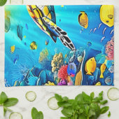 Vibrant Sea Turtle Reef Art キッチンタオル (折り畳み)