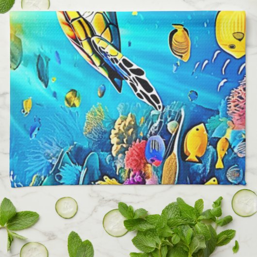 Vibrant Sea Turtle Reef Art キッチンタオル (折り畳み)