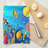 Vibrant Sea Turtle Reef Art キッチンタオル (四つ折り)