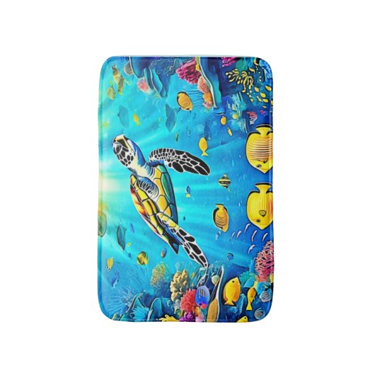 Vibrant Sea Turtle Reef Art バスマット (正面縦)