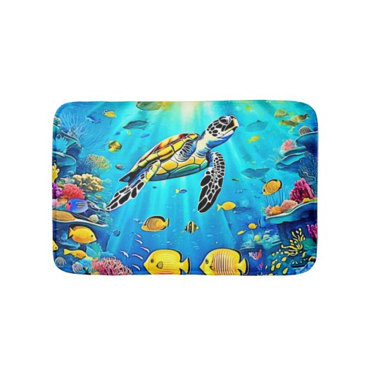 Vibrant Sea Turtle Reef Art バスマット (正面)