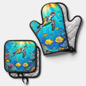 Vibrant Sea Turtle Reef Art 鍋つかみ&鍋敷きセット (正面/裏面)