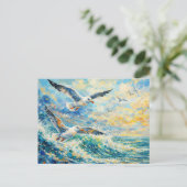 Vibrant Seagulls Over Ocean Waves Impressionist シーズンポストカード (スタンド正面)