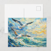 Vibrant Seagulls Over Ocean Waves Impressionist シーズンポストカード (正面/裏面)