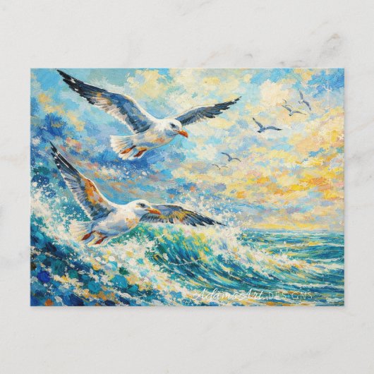 Vibrant Seagulls Over Ocean Waves Impressionist シーズンポストカード (正面)
