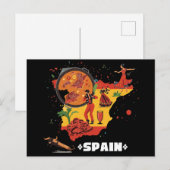 Vibrant Spain Map Flamenco, Paella & Bull ポストカード (正面/裏面)