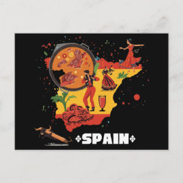 Vibrant Spain Map Flamenco, Paella & Bull ポストカード