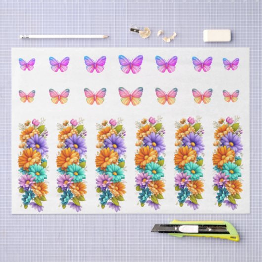 Vibrant Spring Flowers & Butterflies Decoupage 薄葉紙 (クラフト)