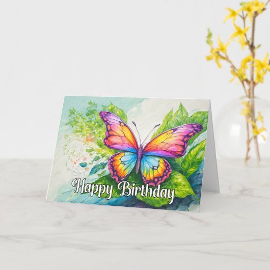 Vibrant Springtime Butterfly Happy Birthday カード (黄色い花)