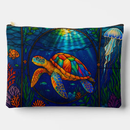 Vibrant Stained Glass Sea Turtle Ocean Design アクセサリーポーチ