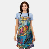 Vibrant Stained Glass Sea Turtle Ocean Design エプロン (着用した状態)