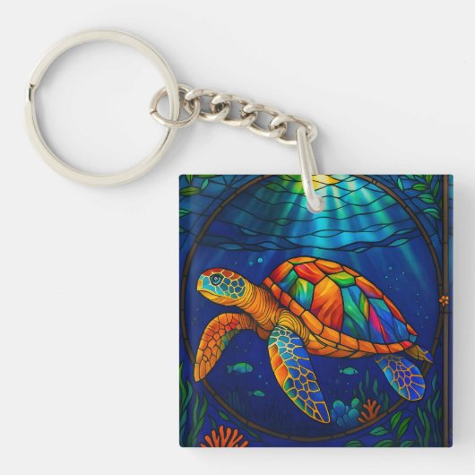 Vibrant Stained Glass Sea Turtle Ocean Design キーホルダー (正面)