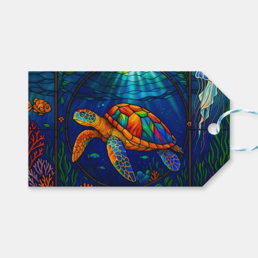 Vibrant Stained Glass Sea Turtle Ocean Design ギフトタグ (正面(横))