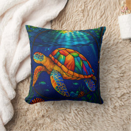 Vibrant Stained Glass Sea Turtle Ocean Design クッション