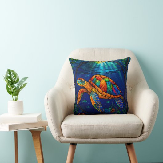 Vibrant Stained Glass Sea Turtle Ocean Design クッション (椅子)