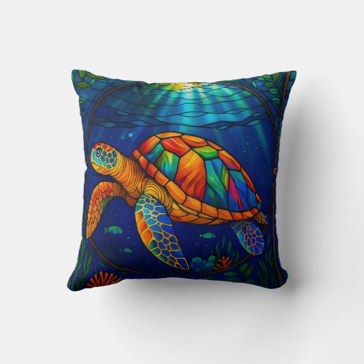 Vibrant Stained Glass Sea Turtle Ocean Design クッション (裏面)