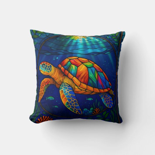 Vibrant Stained Glass Sea Turtle Ocean Design クッション (正面)