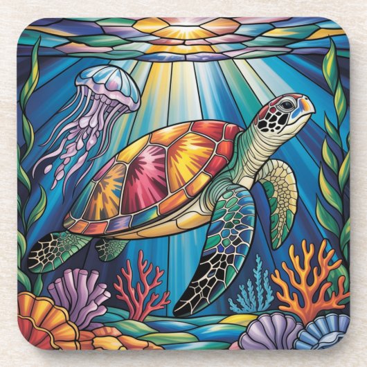 Vibrant Stained Glass Sea Turtle Ocean Design コースター (正面)
