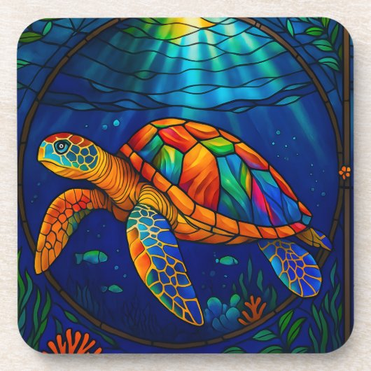 Vibrant Stained Glass Sea Turtle Ocean Design コースター (正面)