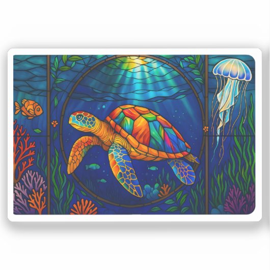 Vibrant Stained Glass Sea Turtle Ocean Design シール (正面)