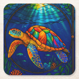 Vibrant Stained Glass Sea Turtle Ocean Design スクエアペーパーコースター