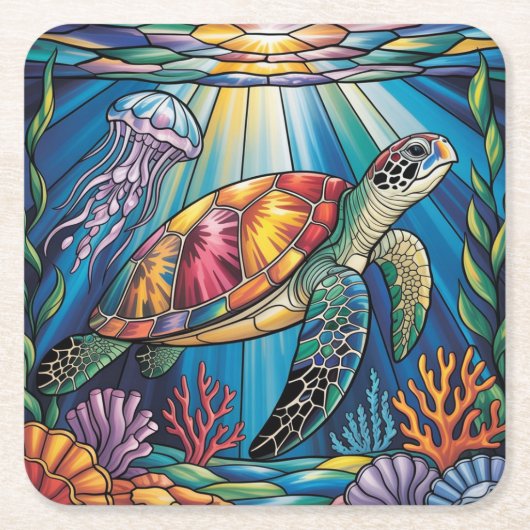 Vibrant Stained Glass Sea Turtle Ocean Design スクエアペーパーコースター (正面)