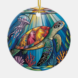 Vibrant Stained Glass Sea Turtle Ocean Design セラミックオーナメント
